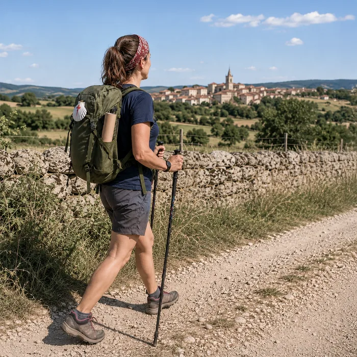 Peregrina con el tubo del mapa, frente a un pueblo del Camino.