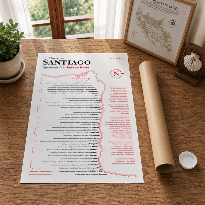 El mapa del Camino extendido en una mesa, junto al tubo y la concha.