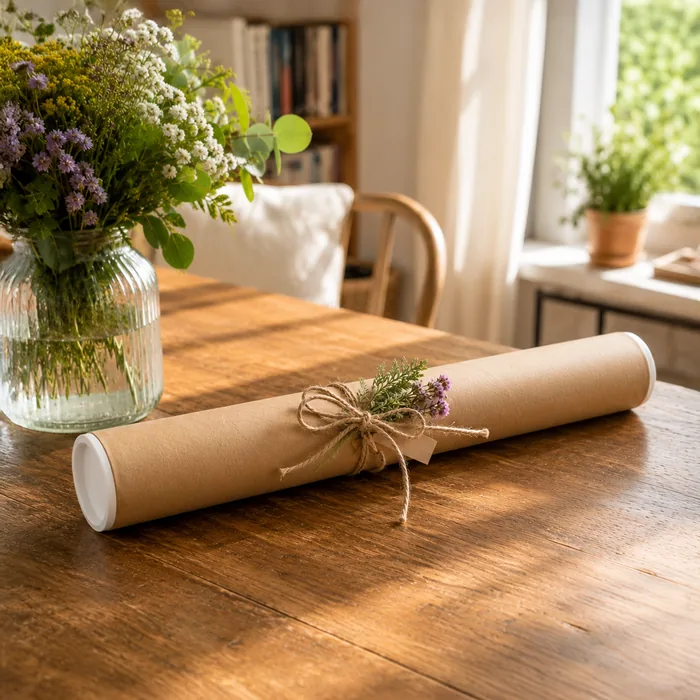 Tubo del mapa envuelto con cordel y flores silvestres, listo para regalar.