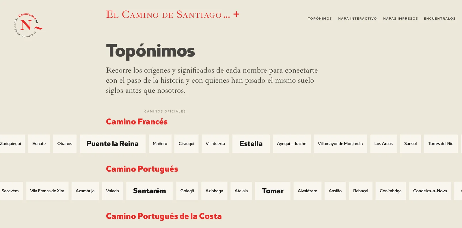 El sitio en el escritorio: la lista de topónimos por camino.